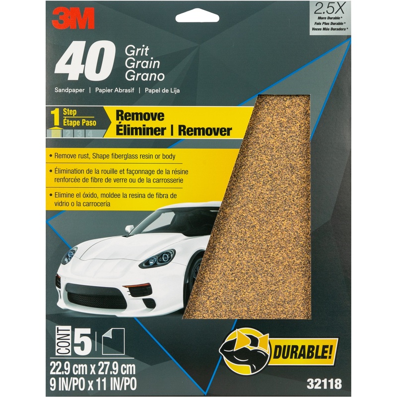 3M (815) 32118 3M Sandpaper 32118, 9 x 11 in, 40 Grit, 5 Sheets/Pack, 3M Stock No. 7010364782
