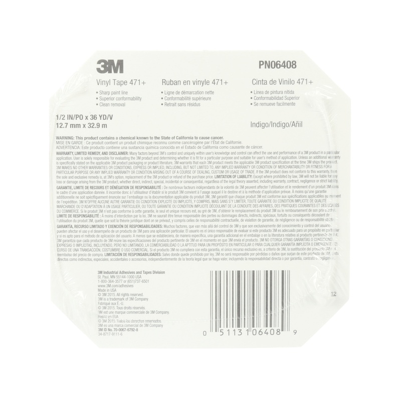 3M (815) 06408 3M Vinyl Tape, 471+, indigo, 0.5 in x 36.0 yd x 5.3 mil (1.3 cm x 32.9 m x 0.1 mm), Colour: Indigo, 3M Stock No. 7100056217