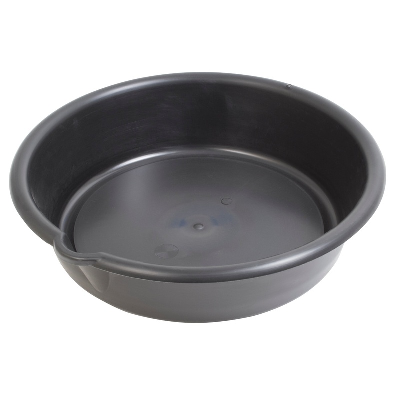 Lisle (371) 17932 Plastic drain pan with pour spout. The pan is 4" deep, 14" wide to the spout.