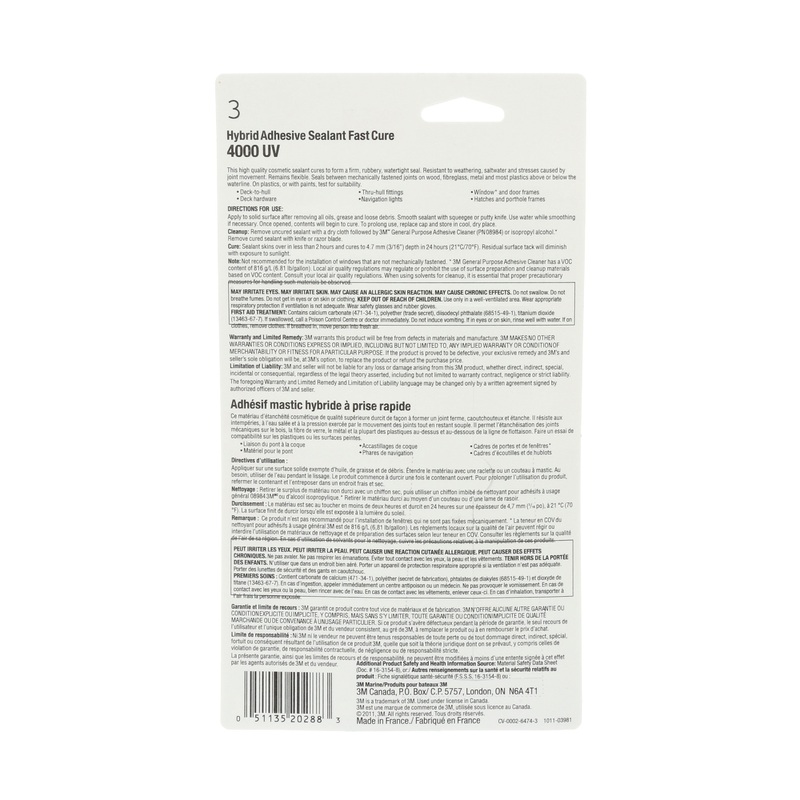 3M (815) 05280 3M Marine Sealant Fast Cure, 4000 UV, white, 2.97 fl oz (88 mL), tube, Colour: White, 3M Stock No. 7000142707