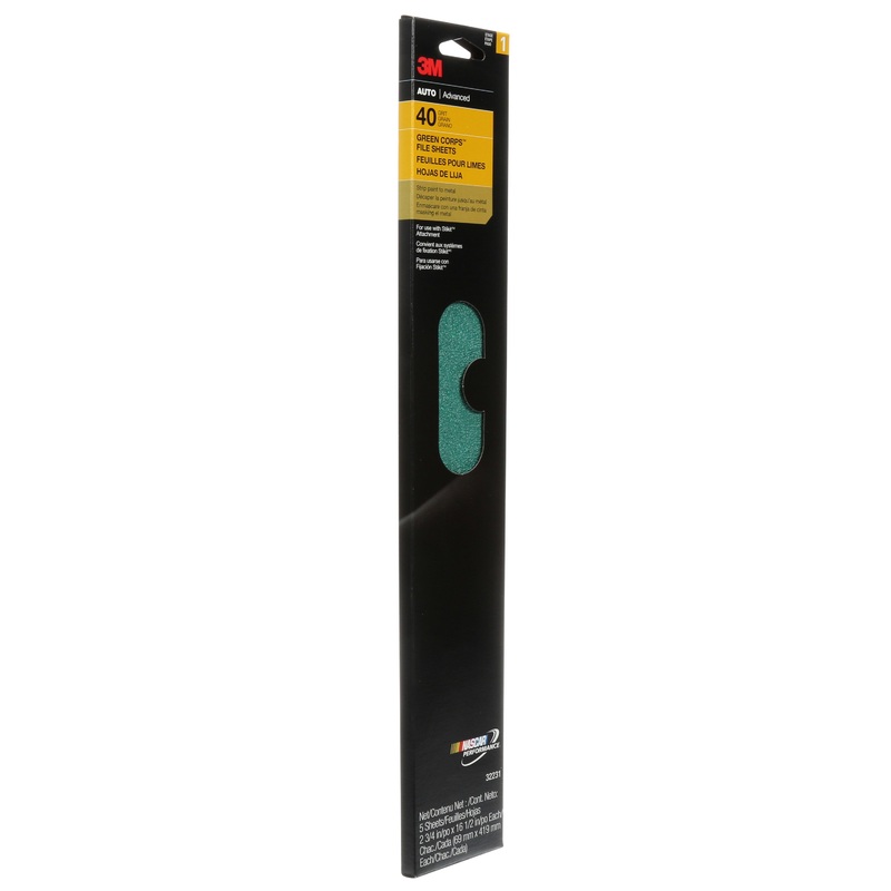 3M (815) 32231 3M Green Corps File Sheet, 32231, 40 grit, 2 3/4 in x 16 1/2 in (6.99 cm x 41.91 cm), 5 per pack, Colour: Green, 3M Stock No. 7000120007