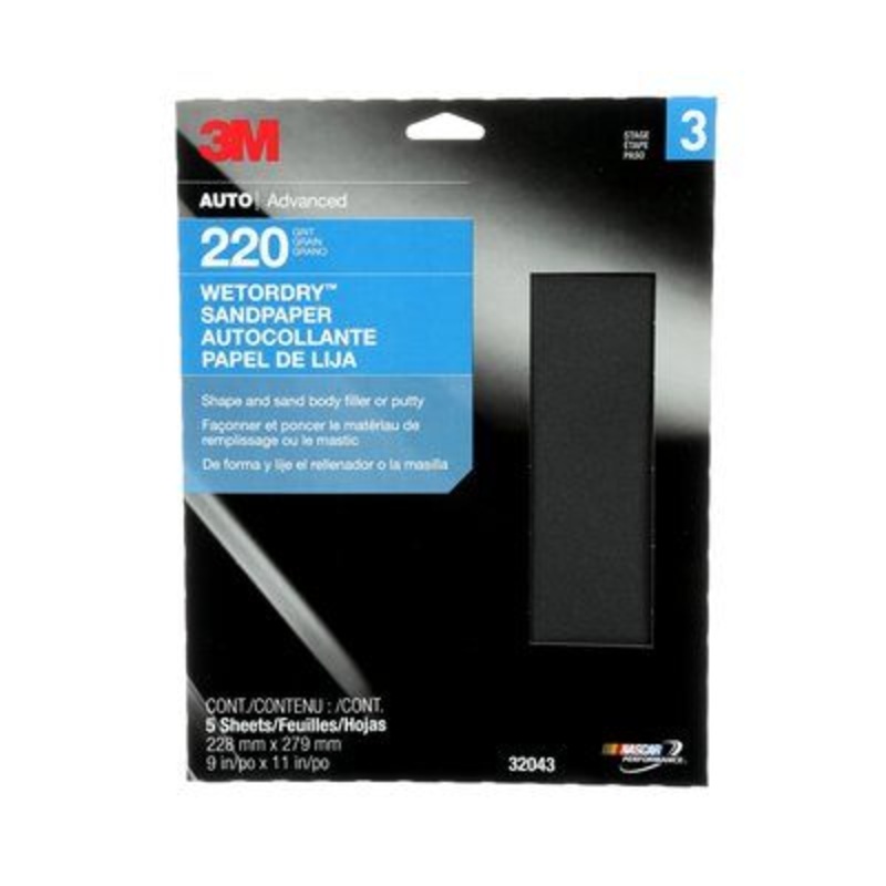3M (815) 32043 WETORDRY SANDPAPER 32043, 9 X 11 IN, 220 GRIT, 5 SHEETS/PACK, 3M Stock No. 7010308858