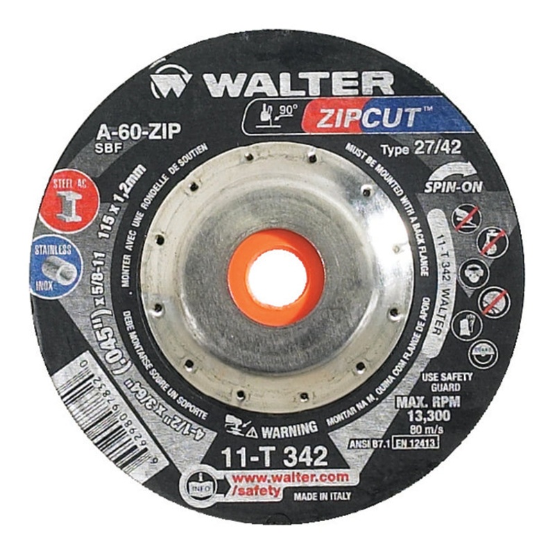 Walter (365) 11T342 ZIP WHEEL CUT-OFF 4-1/2" X 3/64 X 5/8"-11 TYPE 27S SPIN-ON GRADE: A-60-ZIP PK 25