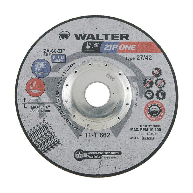 Walter (365) 11T662 ZIP ONE CUT-OFF WHEEL 6" X 1/32"X 7/8" TYPE 27 GRADE: ZA-60-ZIP PK 25